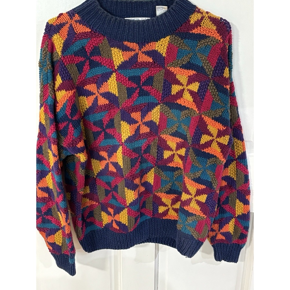 Vintage Colorful Northern Isles Hand Knit Sweater Ramie/Cotton Medium